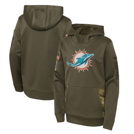 Youth Miami Dolphins 2022 Olive Salute to Service Therma Performance Pullover Hoodie
