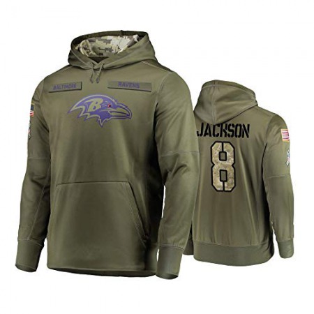 Men's Baltimore Ravens #8 Lamar Jackson 2019 Olive Salute To Service Sideline Therma Performance Pullover Hoodie