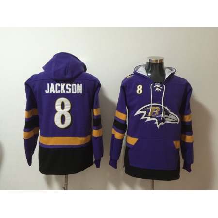 Men's Baltimore Ravens #8 Lamar Jackson Purple All Stitched NFL Hoodie Sweatshirt