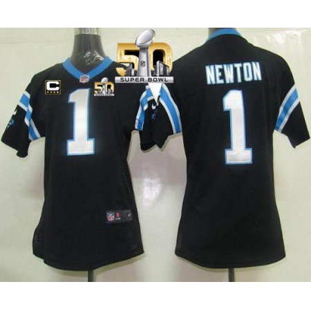 Nike Panthers #1 Cam Newton Black Team Color With C Patch Super Bowl 50 Women's Stitched NFL Elite Jersey
