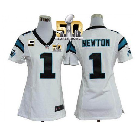 Nike Panthers #1 Cam Newton White With C Patch Super Bowl 50 Women's Stitched NFL Elite Jersey