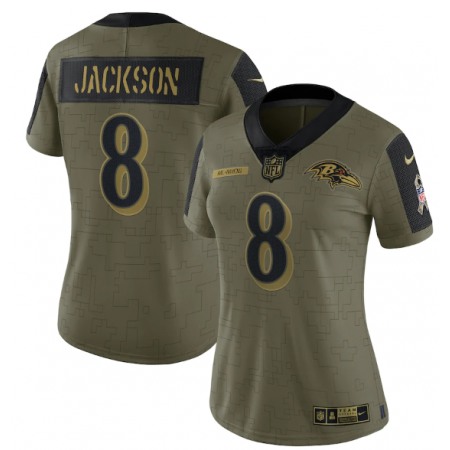 Women's Baltimore Ravens #8 Lamar Jackson 2021 Olive Salute To Service Limited Stitched Jersey(Run Small)
