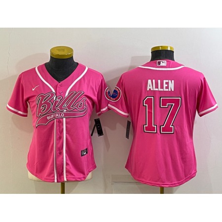 Women's Buffalo Bills #17 Josh Allen Pink With Patch Cool Base Stitched Baseball Jersey(Run Small)