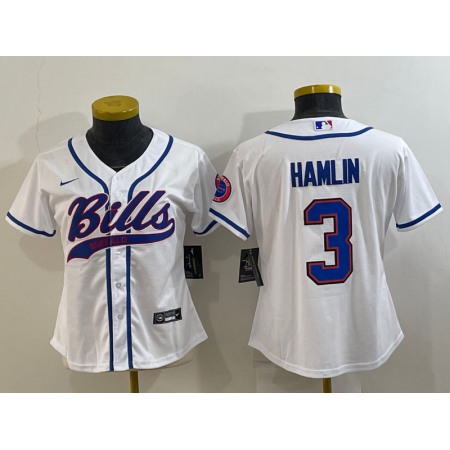 Women's Buffalo Bills #3 Damar Hamlin White With Patch Cool Base Stitched Baseball Jersey(Run Small)