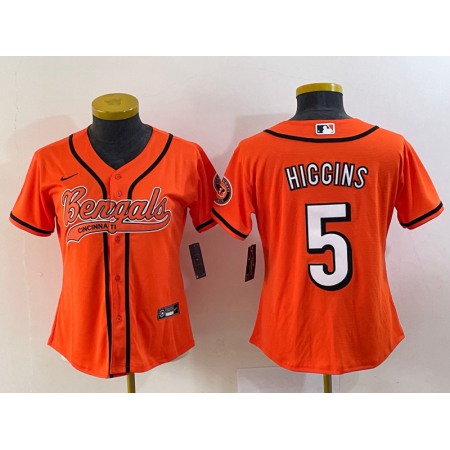 Women's Cincinnati Bengals #5 Tee Higgins Orange With Patch Cool Base Stitched Baseball Jersey(Run Small)