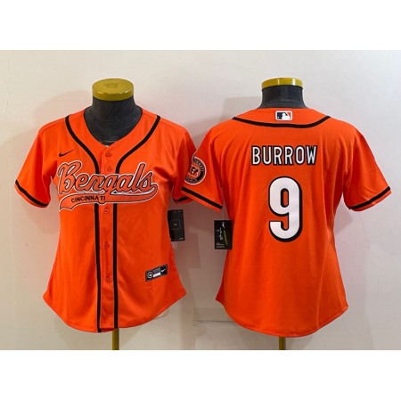 Women's Cincinnati Bengals #9 Joe Burrow Orange With Patch Cool Base Stitched Baseball Jersey(Run Small)