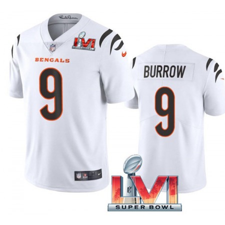 Women's Cincinnati Bengals #9 Joe Burrow 2022 White Super Bowl LVI Vapor Limited Stitched Jersey(Run Small)
