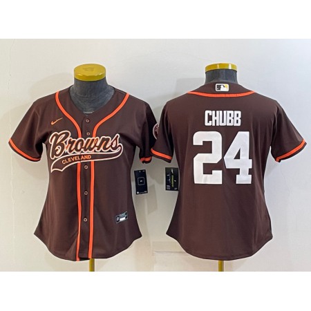 Women's Cleveland Browns #24 Nick Chubb Brown With Patch Cool Base Stitched Baseball Jersey(Run Small)
