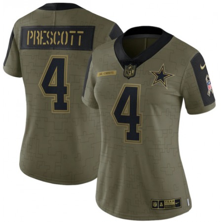 Women's Dallas Cowboys #4 Dak Prescott 2021 Olive Salute To Service Limited Stitched Jersey