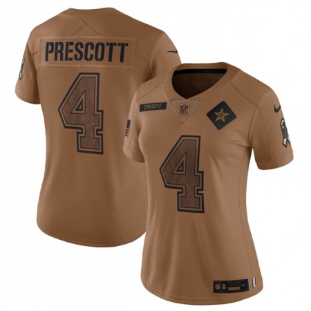 Women's Dallas Cowboys #4 Dak Prescott 2023 Brown Salute To Service Limited Stitched Football Jersey(Run Small