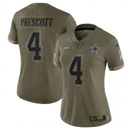 Women's Dallas Cowboys #4 Dak Prescott Olive 2022 Salute To Service Limited Stitched Jersey(Run Small)