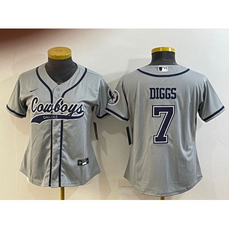 Women's Dallas Cowboys #7 Trevon Diggs Grey With Patch Cool Base Stitched Baseball Jersey(Run Small)