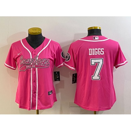 Women's Dallas Cowboys #7 Trevon Diggs Pink With Patch Cool Base Stitched Baseball Jersey(Run Small)