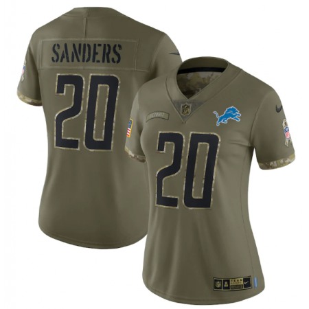Women's Detroit Lions #20 Barry Sanders 2022 Olive Salute To Service Limited Stitched Jersey(Run Small)
