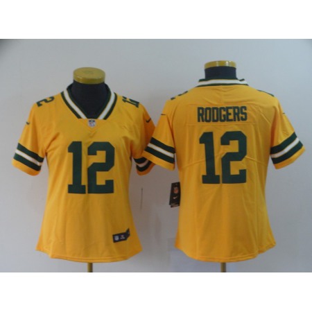 Women's Green Bay Packers #12 Aaron Rodgers Gold Inverted Legend Stitched NFL Jersey(Run Small)