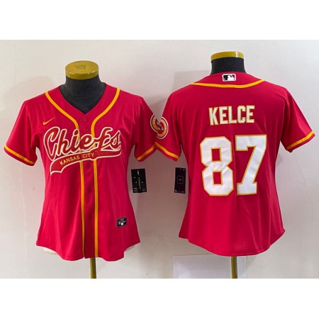 Women's Kansas City Chiefs #87 Travis Kelce Red With Patch Cool Base Stitched Baseball Jersey(Run Small)
