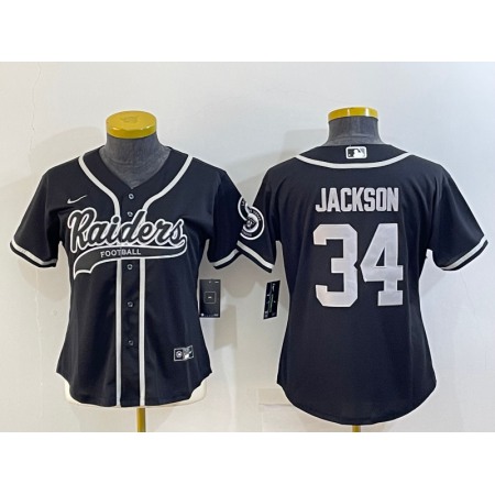 Women's Las Vegas Raiders #34 Bo Jackson Black With Patch Cool Base Stitched Baseball Jersey(Run Small)