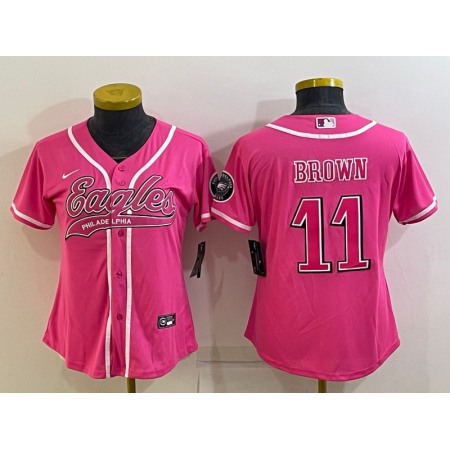 Women's Philadelphia Eagles #11 A. J. Brown Pink With Patch Cool Base Stitched Baseball Jersey(Run Small)