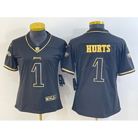 Women's Philadelphia Eagles #1 Jalen Hurts Black Golden Edition Stitched Football Jersey(Run Small)