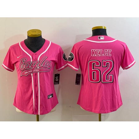 Women's Philadelphia Eagles #62 Jason Kelce Pink Cool Base Stitched Baseball Jersey(Run Small)