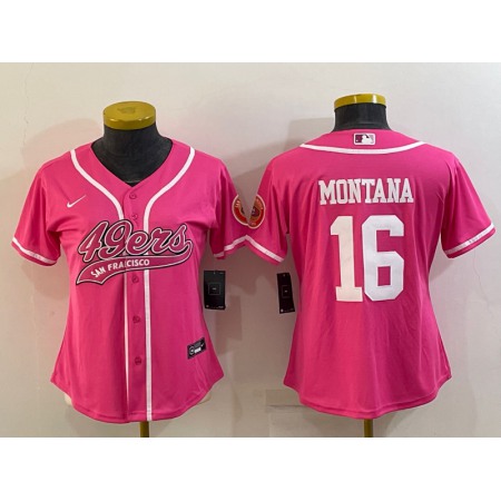Women's San Francisco 49ers #16 Joe Montana Pink With Patch Cool Base Stitched Baseball Jersey(Run Small)