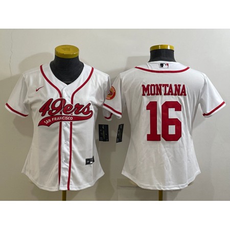 Women's San Francisco 49ers #16 Joe Montana White With Patch Cool Base Stitched Baseball Jersey(Run Small)