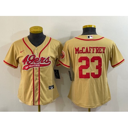Women's San Francisco 49ers #23 Christian McCaffrey Gold With Patch Cool Base Stitched Baseball Jersey(Run Small)
