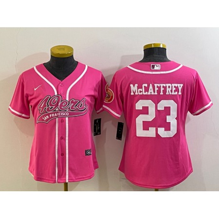 Women's San Francisco 49ers #23 Christian McCaffrey Pink With Patch Cool Base Stitched Baseball Jersey(Run Small)