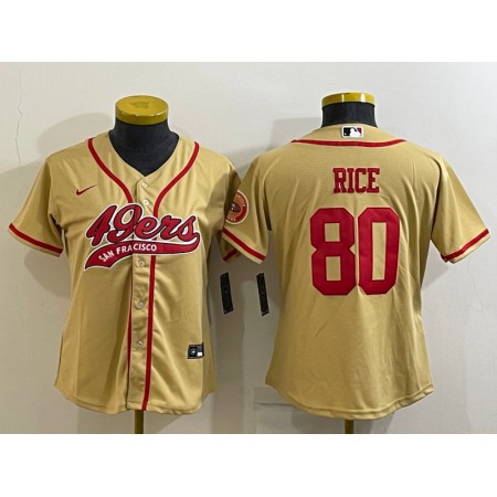 Women's San Francisco 49ers #80 Jerry Rice Gold With Patch Cool Base Stitched Baseball Jersey(Run Small)