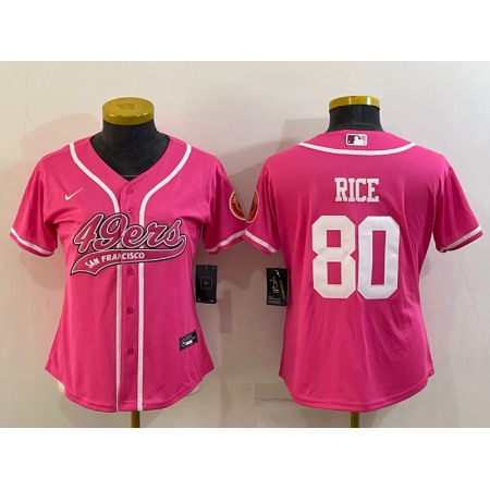 Women's San Francisco 49ers #80 Jerry Rice Pink With Patch Cool Base Stitched Baseball Jersey(Run Small)