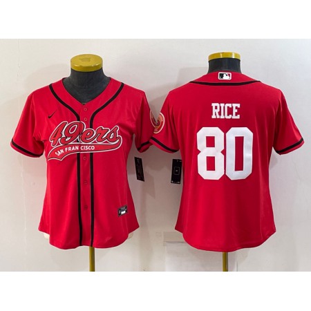 Women's San Francisco 49ers #80 Jerry Rice Red With Patch Cool Base Stitched Baseball Jersey(Run Small)