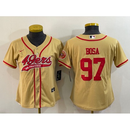 Women's San Francisco 49ers #97 Nick Bosa Gold With Patch Cool Base Stitched Baseball Jersey(Run Small)