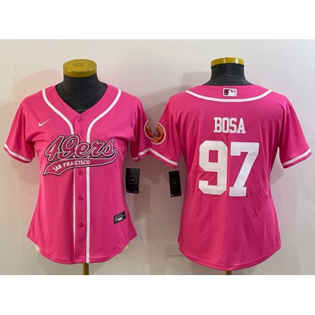 Women's San Francisco 49ers #97 Nick Bosa Pink With Patch Cool Base Stitched Baseball Jersey(Run Small)