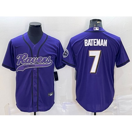 Men's Baltimore Ravens #7 Rashod Bateman Purple With Patch Cool Base Stitched Baseball Jersey