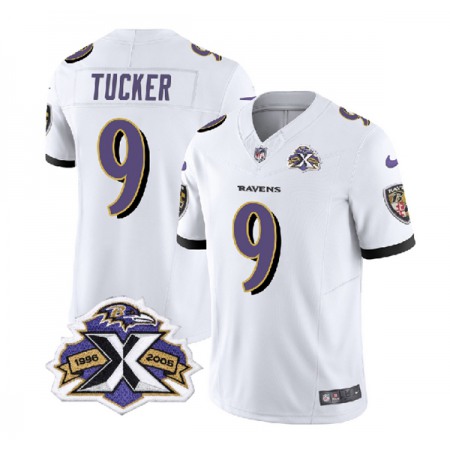 Men's Baltimore Ravens #9 Justin Tucker White 2023 F.U.S.E With Patch Throwback Vapor Limited Jersey