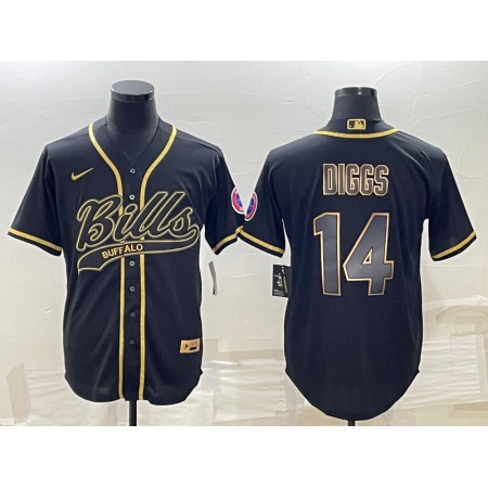 Men's Buffalo Bills #14 Stefon Diggs Black Gold With Patch Cool Base Stitched Baseball Jersey