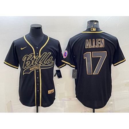 Men's Buffalo Bills #17 Josh Allen Black Gold Edition With Patch Cool Base Stitched Baseball Jersey