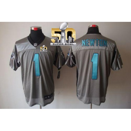 Nike Panthers #1 Cam Newton Grey Shadow Super Bowl 50 Men's Stitched NFL Elite Jersey