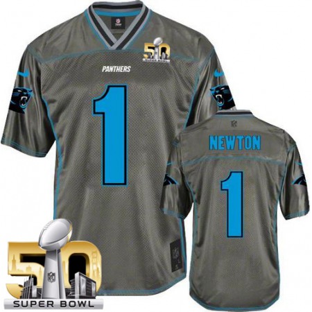 Nike Panthers #1 Cam Newton Grey Super Bowl 50 Men's Stitched NFL Elite Vapor Jersey