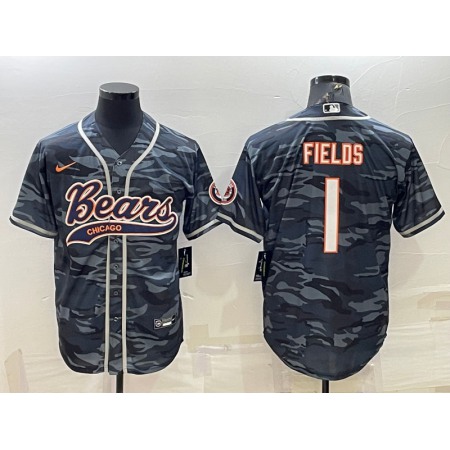 Men's Chicago Bears #1 Justin Fields Grey Camo With Patch Cool Base Stitched Baseball Jersey 001