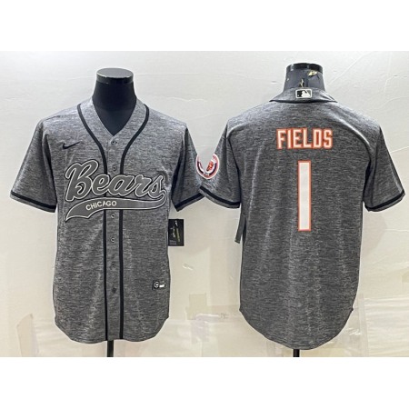 Men's Chicago Bears #1 Justin Fields Grey With Patch Cool Base Stitched Baseball Jersey