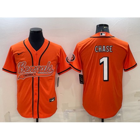 Men's Cincinnati Bengals #1 Ja'Marr Chase Orange With Patch Cool Base Stitched Baseball Jersey
