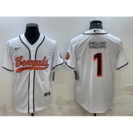 Men's Cincinnati Bengals #1 Ja'Marr Chase White With Patch Cool Base Stitched Baseball Jersey