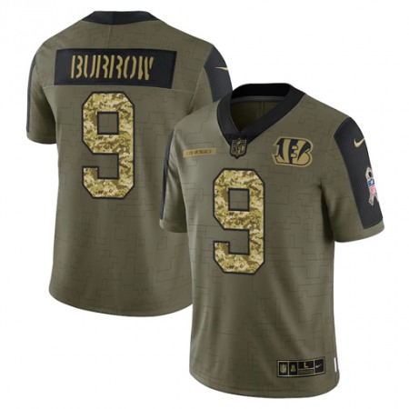 Men's Cincinnati Bengals #9 Joe Burrow 2021 Olive Camo Salute To Service Limited Stitched Jersey