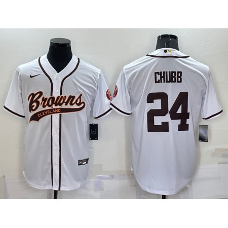 Men's Cleveland Browns #24 Nick Chubb White With Patch Cool Base Stitched Baseball Jersey