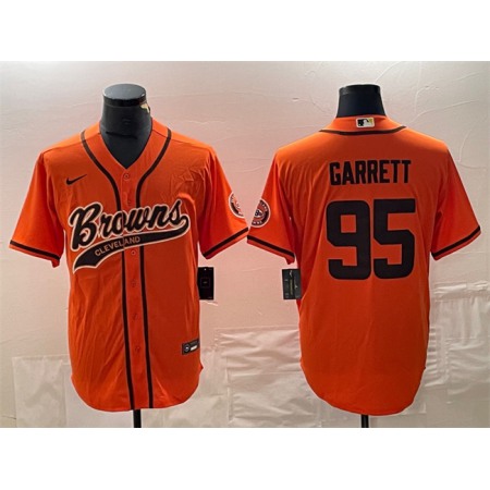 Men's Cleveland Browns #95 Myles Garrett Orange With Patch Cool Base Stitched Baseball Jersey