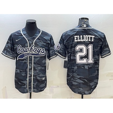 Men's Dallas Cowboys #21 Ezekiel Elliott Grey Camo With Patch Cool Base Stitched Baseball Jersey