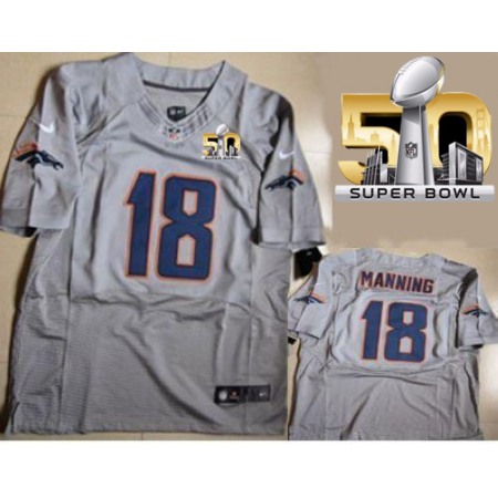Nike Broncos #18 Peyton Manning New Grey Shadow Super Bowl 50 Men's Stitched NFL Elite Jersey