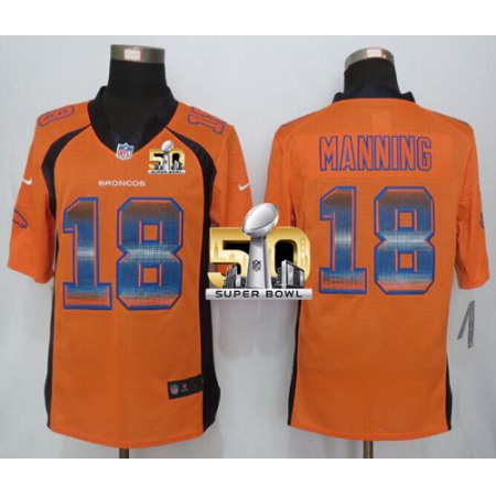 Nike Broncos #18 Peyton Manning Orange Team Color Super Bowl 50 Men's Stitched NFL Limited Strobe Jersey