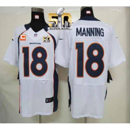 Nike Broncos #18 Peyton Manning White With C Patch Super Bowl 50 Men's Stitched NFL Elite Jersey